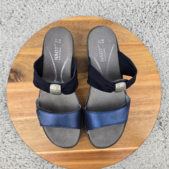 Naot Pinotage Navy Leather Open Toe Double Strap Mini Wedge Sandals Womens 37 - Picture 6 of 13